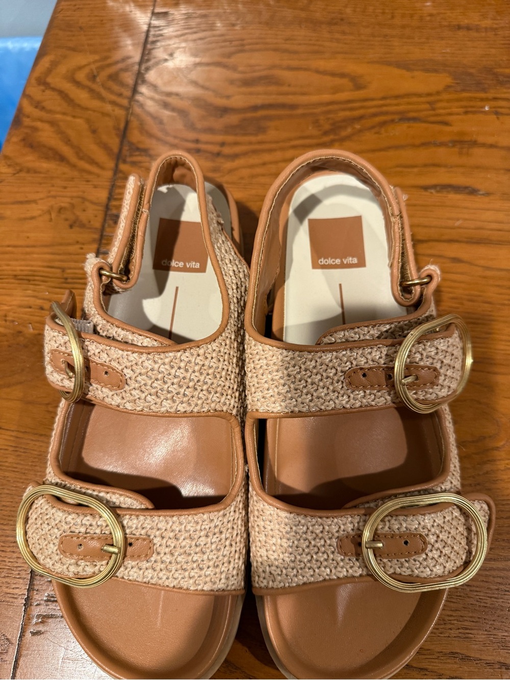 Dolce Vita Beige Woven Double-Buckle Slide Sandals
